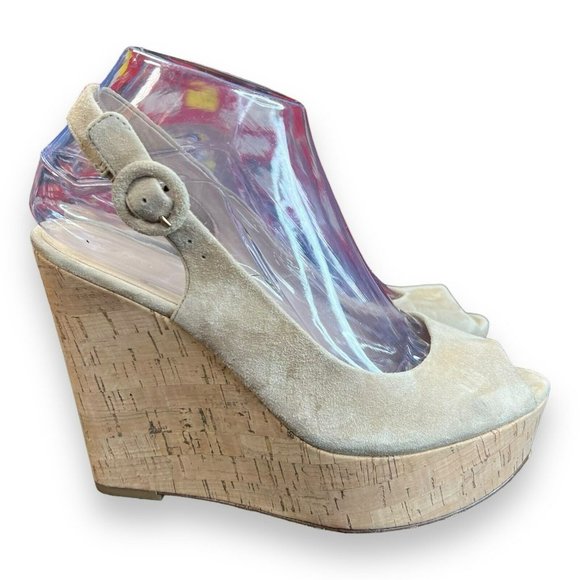 $395 Veronica Beard Women's Beige Dali Peep Toe Platform Wedge Sandal Shoes 7 - Picture 1 of 9